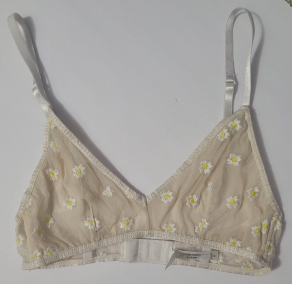 Anemone Womens M Ivory Sheer Mesh Daisy Embroidered Wireless Bralette Bra